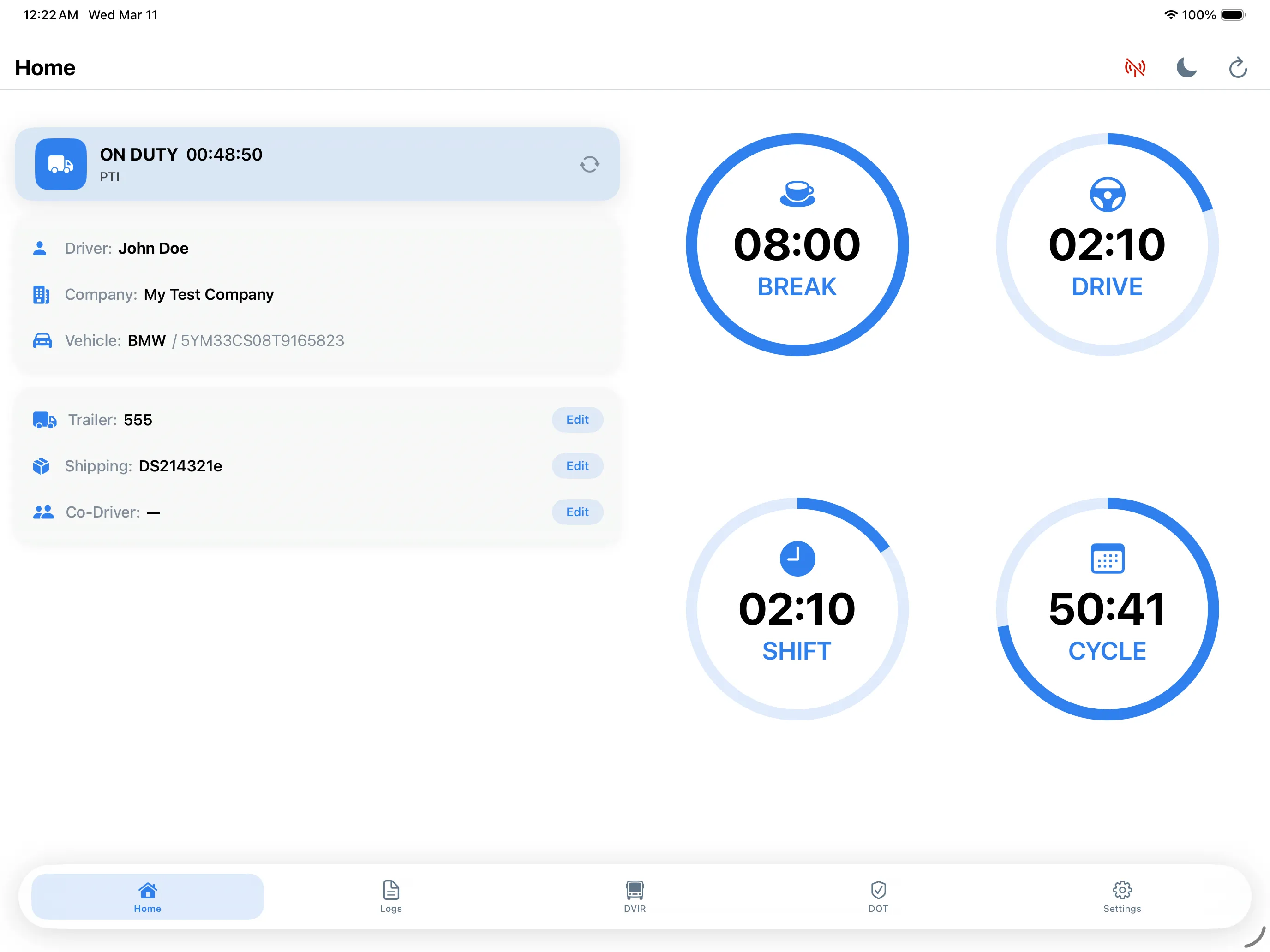 Dream ELD iPad - HOS Dashboard